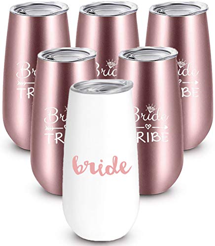 Bride to Be Champagne Flute | 6 oz Bride Tribe Stainless Steel Wine Tumblers | Engagement Wedding Gifts Bridesmaids Mugs Bachelorette Party Supplies & Games | Insulated Skinny Rose Gold Cups