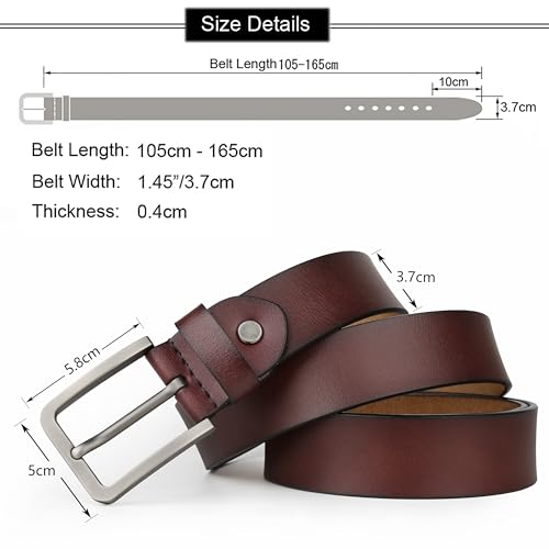 JingHao Mens Belt Big and Tall 30"-65",Genuine Leather Belts for Men,Casual Work Dress Jeans Belt,Black Brown Width 1.45" A183