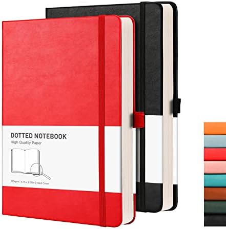 RETTACY A5 Dotted Notebook - Bullet Dot Grid Journal Couple Bundle 2 Pack Hardcover with Journal 2 Free Stencils, Pen Holder, 320 Pages, 120gsm Thick Paper, Faux Leather, Inner Pocket,14.5 x 21cm