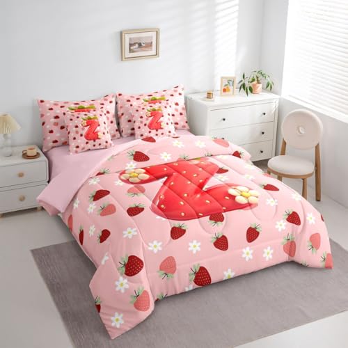 Image of Feelyou Girls Cute Strawberry Full Comforter Set with Sheets for Kids Boys Girls Pink Strawberry 7 Pieces Bedding Set Initial Letter Z Bed in a Bag Room Decor Soft Lightweight Microfiber