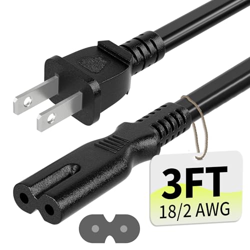 Vockjour 2 Prong AC Power Cord 3Ft Black, Universal Power