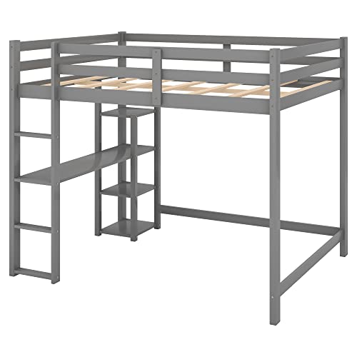 Full Size Loft Bed With Built-In Desk And Shelves,Wood Bed Frame With Built-In Ladder And Full-Length Guardrails,Weight Capacity 600Lb,Space-Saving,Gray Loft-Bed #TOP4