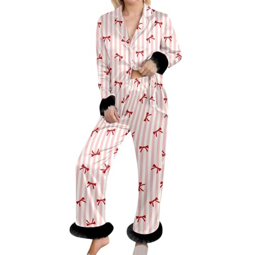 Conjunto de pijama cómodo de franela estampada de dos piezas con dobladillo, ropa de dormir suave para relajarse en casa, ropa de dormir y descansar, rosa, S