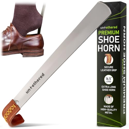 Untethered Long Metal Shoe Horn with Leather Handle | Durable Shoe Spoon for Seniors, Men, Women & Kids | Easy-to-Use Boot & Ski Shoehorn | Sturdy Long Handle Shoehorn.