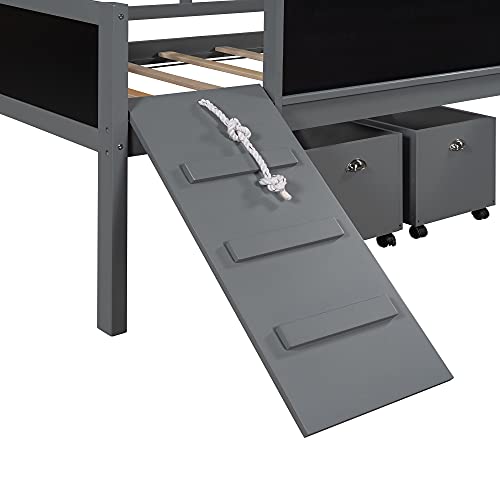 Twin Loft Bed For Kids Toddlers, Wood Low Loft Bed With Slide/Chalkboard/Two Storage Boxes/Climbing Rope/Climbing Frame, 4 Colors For Girls And Boys (Gray+Climbing Frame) #TOP7