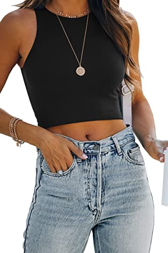 Rayson Camiseta de Verano para Mujer Casual Corto Vintage Chaleco Sin Mangas Cuello Redondo Ajuste Fino y Transpirable Tank Top(Negro,M)