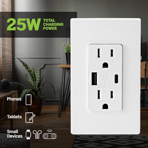 Leviton T5833-W Type A & Type-C USB In-Wall Charger with 20A Tamper-Resistant Outlet, USB Charger for Smartphones and Tablets. Not for Laptops, White by Leviton - Image 2