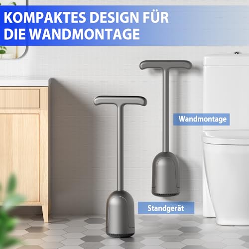 Cinola Toiletten Pömpel mit Halter, Wandmontierter Toiletten Pümpel Abfluss mit Verstecktem Halter, Doppelgriff-WC Pümpel für Badezimmer mit Integrierter Abtropfschale (Grau)