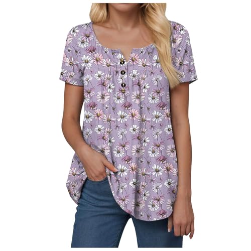 Womens Loose Summer Tops Henley Button V Neck Short Sleeve Floral Print Loose Fit Confy Tunics Tops for Jeans Leggings
