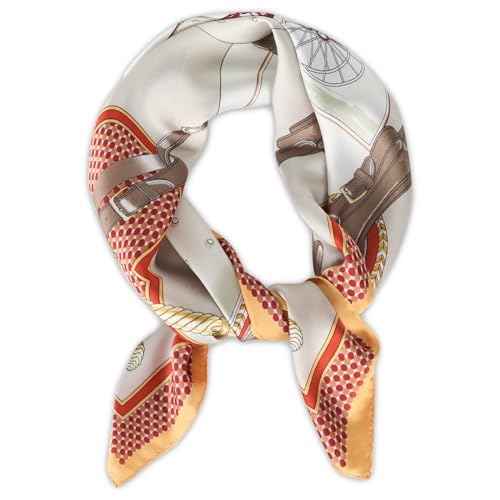 EXTREE Silk Feeling Scarf Medium Square Satin Head Scarf Sleeping Hair Wrapping for Women 27.5 × 27.5 inches Mr. Carriage Off-white