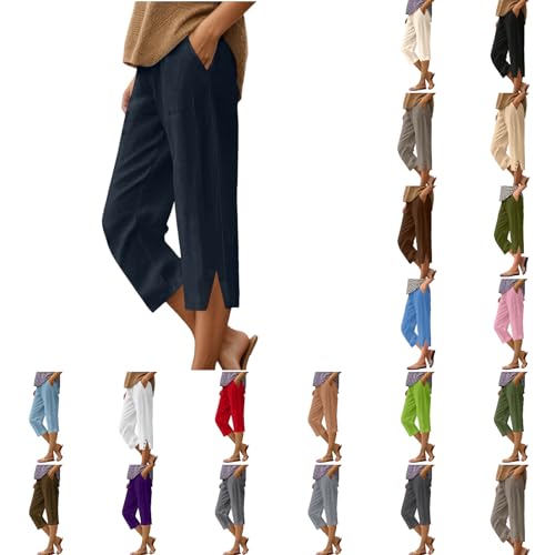 Capris Pants for Women Cotton Linen Casual Summer Straight Wide Leg Loose Lightweight Elastic Waist Cropped Trouser