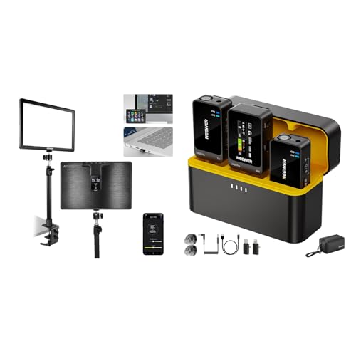 Image of NEEWER GL1 PRO Black 15.5 inch LED Streaming Key Light + CM26 Pro AI Wireless Microphone Compatible with iPhone Android Phone Camera PC 50H Battery 100m Range, Clamp on CRI97+ Desk Panel Video Lighting