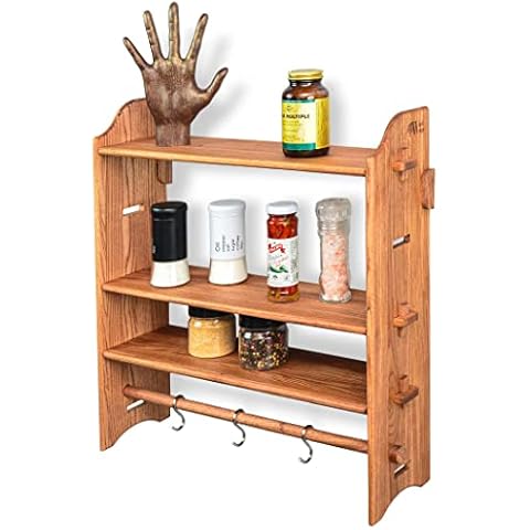 Wall Floating Shelf Wooden Holder for Kitchen, Bathroom, Garage Organizer of 100% Wood with Metal Hooks 3 Tier Shelf for Storage 17.7"x19.6" Teak Color Cover