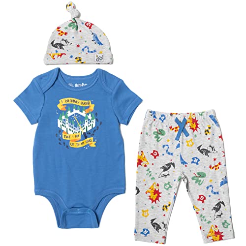 Image of Harry Potter Gryffindor Hufflepuff Ravenclaw Baby Bodysuit Pants and Hat 3 Piece Outfit Set Newborn to Infant