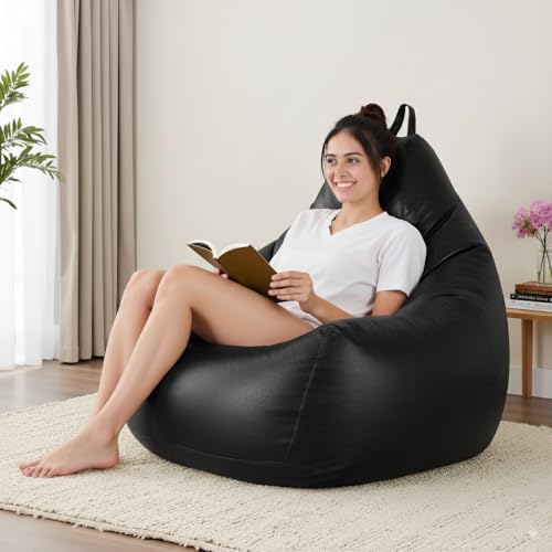 Image of 5XL Premium Leatherette Bean Bag with Rectangular Footrest & Cushion | High Density EPS Beans Filled | Teardrop Shape with Handle | 6 Months Warranty (Black, 5XL Single, Solid)