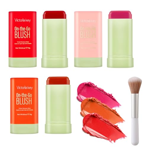 3 en 1 multiuso Blush Stick crema con pincel, barra de rubor para cara, labios y ojos, 3 piezas de maquillaje