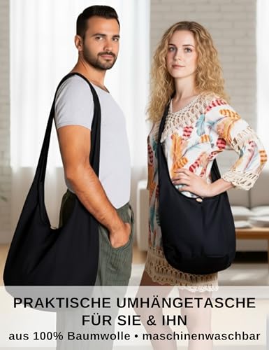 PANASIAM Schulterbeutel Damen & Herren, große & leichte Baumwolltasche, Umhängetasche mit Reißverschluss, Unisex Schultertasche, mittelgroße Tasche, schwarz