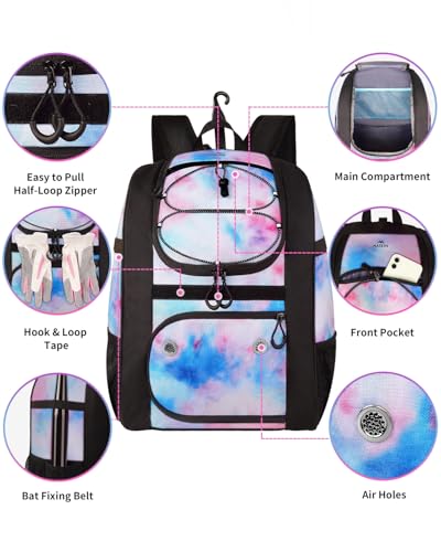 Image of MATEIN Softball Bag, Lightweight Baseball Backpack with Shoe Compartment, Baseball Bag with Fence Hook for TBall Bat & Equipment, Softball Gifts Catchers Backpack for Women Fit Catcher's Mitt, Helmet