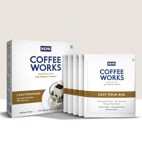 Keya Coffee Works Easy Pour Over Coffee (Pack of 5) | Specialty AA Grade Arabica | Medium Roast | Baarbara Estate | Freshly Roasted | 2-Step Easy Brew Filter Coffee | Chocolate & Hazelnut.
