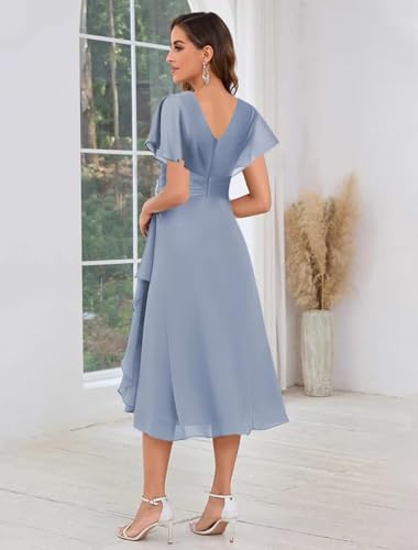 Tea Length Chiffon Mother of The Bride Dresses with Bead for Women Ruffles Sleeves Formal Evening Party Dress2