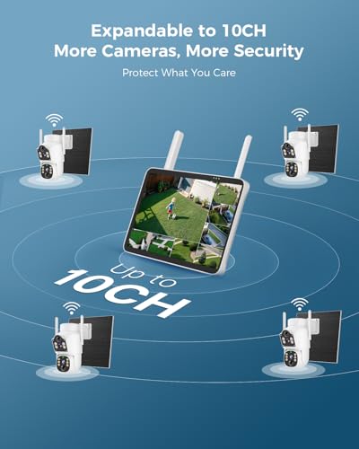 Hiseeu Solar Security Cameras Wireless Outdoor, Auto Tracking Dual-Lens Wireless Cameras for Home Security with 10" Touchscreen, 2.4 & 5GHz WiFi Pro 4MP 4 Cam-Kit, 2 Way Audio, 1TB HDD, 0 Monthly Fee