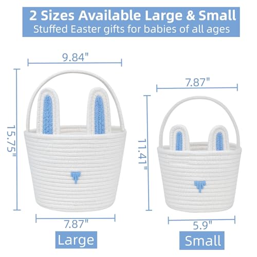 Image of CubesLand Easter Basket for Boys Girls Easter Bunny Basket with Rabbit Ears, Easter Egg Hunting Basket Easter Baskets for Children Kids Babies First Easter Gifts Blue White 9.8 x 7.8 x 7.8 inch