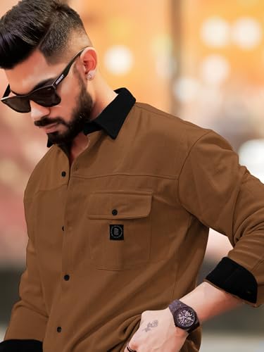 Image of Maniac Mens Solid Collared Neck Full Sleeve Biscuit and Black Cotton Shirt