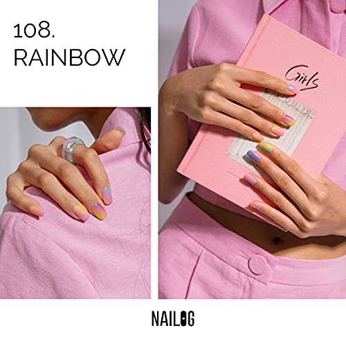Nailog Semi Cured Gel Nail Strips (20 Extra Long Polish Stickers / Wraps) │ Glossy & Long Lasting Soft Gel Finishing (Rainbow) #TOP1