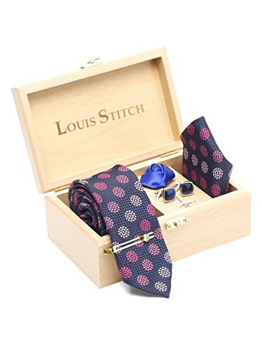 Image of LOUIS STITCH Mens Silk NeckTie Golden Tiepin Gift Combo Set With Pocket Square Cufflinks Brooch Tie Golden Tiepin (Suit Accessories) (Britain)