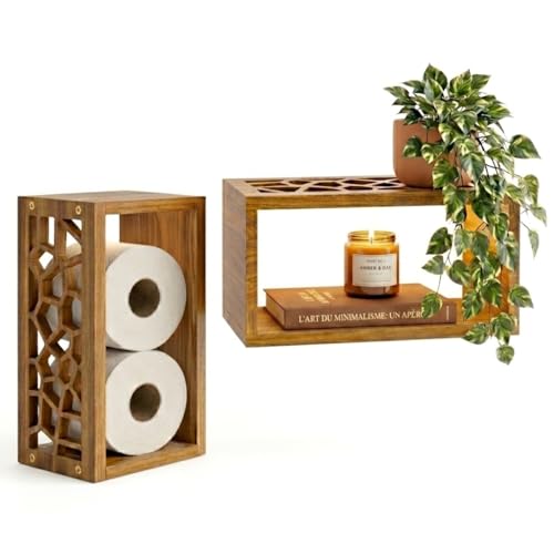Solid Wood Floating Cube Shelves Set of 2 - Italian-Designed Wall Box Shelves with Carved Organic Cut-Out Unique Wall Decor for Bathroom Bedroom & Living Room | TAVOLINI
