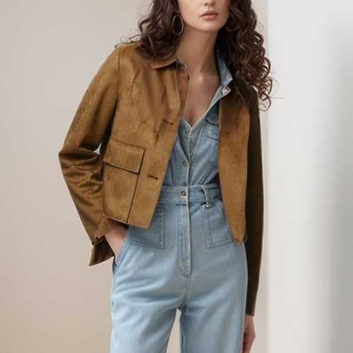 Xunger Women's Retro Faux Suede Bomber Jacket Cropped Lapel Coat Button Front Pockets Casual Streetwear Oversized Outerwear3