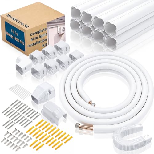 Complete DIY Mini Split Installation Kit 3" 13 ft Mini Split Decorative Line Cover System 15 ft 1/4" and 3/8" O. D. Copper Pipes Tubing with Nut Installation Kit for 9000 to 12000 Btu Air Conditioning