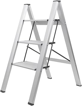 BAOYOUNI 3 Step Ladder Lightweight Folding Aluminum Step Stool Heavy Duty Stepladders Storage Shelf Rack with Anti-Slip Wide Pedal for Household, Office, Plant Pots Displaying - Silver 3-Step