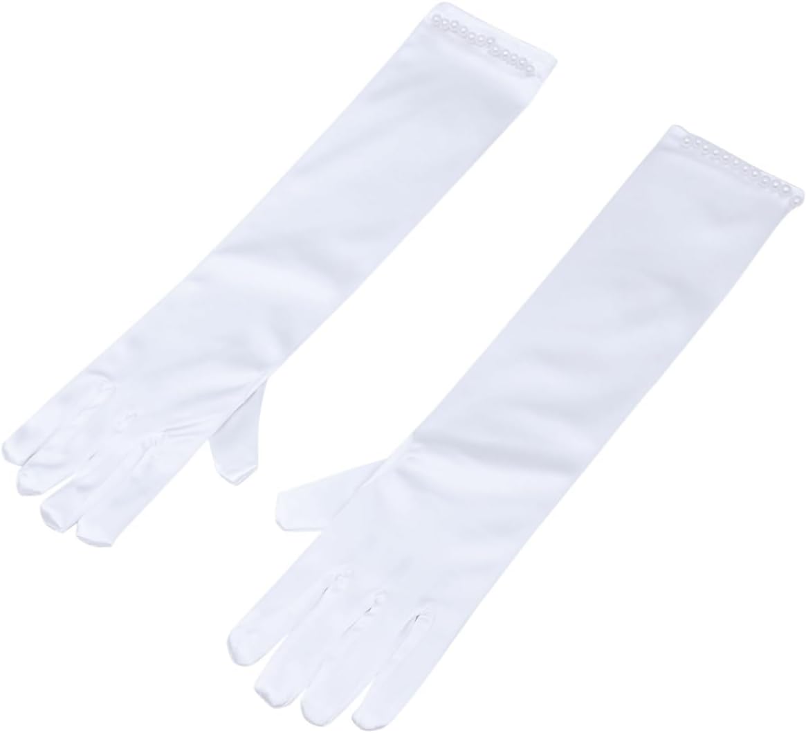 Baluue 1pair Wedding Flower Girl Gloves Satin Decor Full Finger Dress Gloves for Evening Party