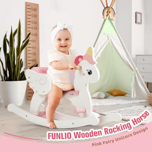 FUNLIO Einhorn Schaukelpferd Holz für 0,5-3 Jahre, Niedliches Schaukelpferd Baby mit Sicherheitsgurt und Rückenlehne, leicht zusammenzubauendes Kleinkindreitspielzeug, CPC Zertifiziert - Rosa
