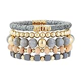 Aigrnc Boho Beaded Stretch Bracelets For Women Stackable Crystal Gold Plated Beaded Bracelets Set Trendy Handmade Friendship Braeclet Jewelry Gifts(F-Wooden bead set)