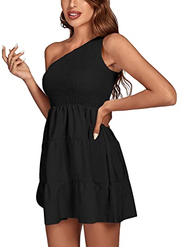 LYANER Women's One Shoulder Smocked Shirred Tiered Ruffle Sleeveless A-Line Mini Dress3