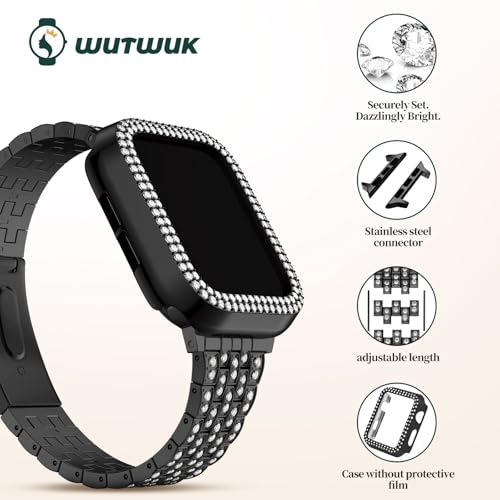 Image of Wutwuk Compatible Bling Apple Watch Strap 40mm with Bling Case, Black Sparkling Metal Woman iWatch Replacement, Black Strap Diamond Rhinestone Wristband for Apple Watch Series SE 2 SE 6 5 4 40mm Black