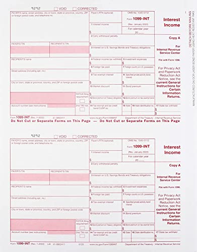 1099 INT Interest Tax Forms Set 4 Part for 2022. Kit for 50 Vendors, Laser Forms Designed for QuickBooks and Accounting Software - Thumbnail 2