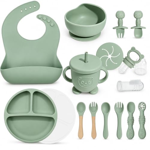 Catvegue Silicone Baby Feeding Utensils Set for 6+ Months, 17 Pcs, Green