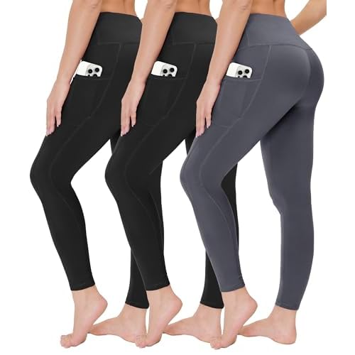 High Waisted Leggings for Women - Soft Athletic Tummy Control Pants for Running Cycling Yoga Workout Small-Medium Pockets-3 Pack Black, Black, Dark Gray