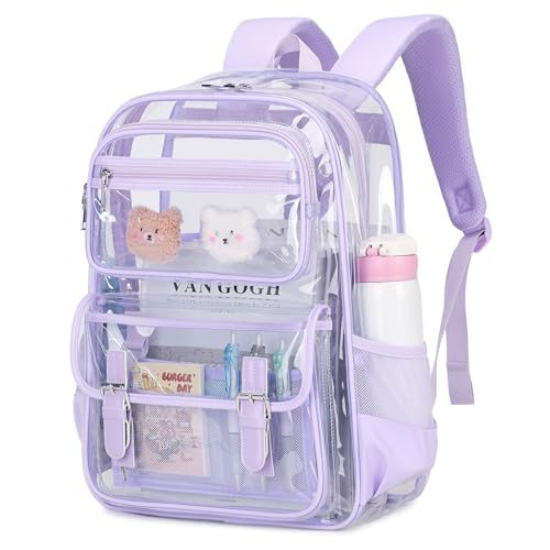 Large Clear Backpack Transparent Heavy Duty School PVC Bookbag See Through Bag Boys and Girls for College Work Travel Security, Purple