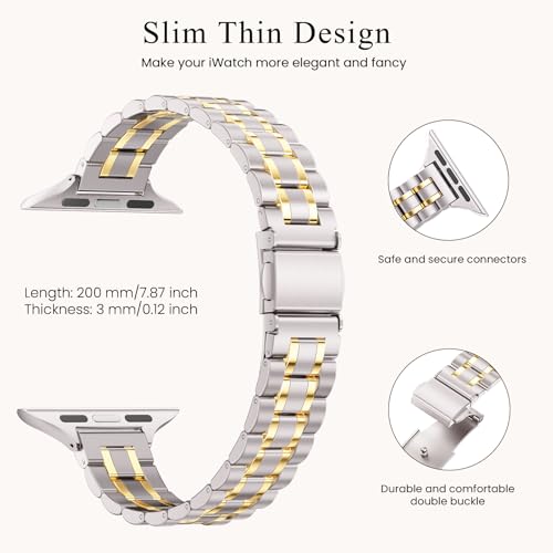 Image of STIROLL Thin Replacement Band Compatible for Apple Watch 38mm 40mm 41mm 42mm(Series 11 10), Stainless Steel Metal Wristband Women Men for iWatch Ultra SE Series 9 8 7 6 5 4 3 2 1, Starlight Gold