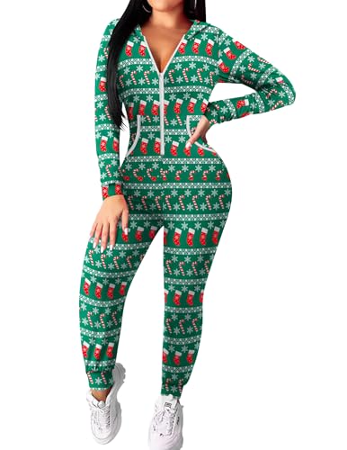 Ekouaer ETY005681_PAT1_M Christmas Onesie Women Hooded Jumpsuit Long Sleeve Zip Up One Piece Pajamas Novelty Sleepwear Christmas Sock M cover