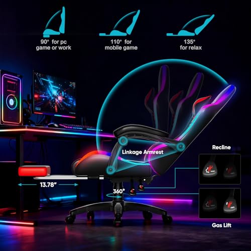 Image of Czlolo Gaming Chair, Racing Style RGB LED Lights Gaming Chairs for Adults and Kids, Lumbar Massager Gamer Chair, High Back Reclining Computer Chair with Footrest and Headrest (Black /Red)
