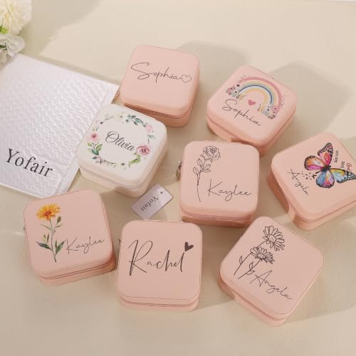 Yofair Personalized Jewelry Box with Birth Flower Bridesmaid Proposal Gifts Custom Leather Travel Jewelry Case Bridal Shower Wedding Gifts for Women - 5