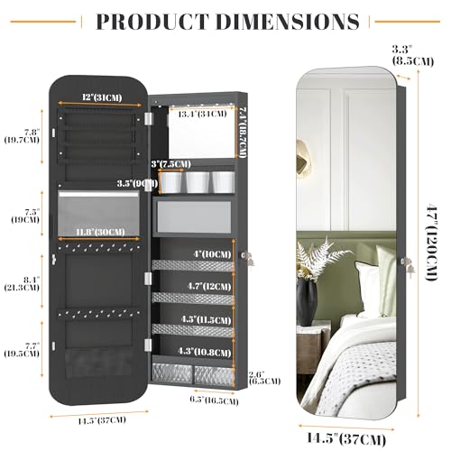Vlsrka 47.2\" LED Mirror Jewelry Cabinet Wall Mounted or Door Hanging, Rounded Corner Jewelry Armoire Organizer, Lockable Full Length Mirror with Storage, Interior Mirror & Makeup Shelf (Black) - Thumbnail 7