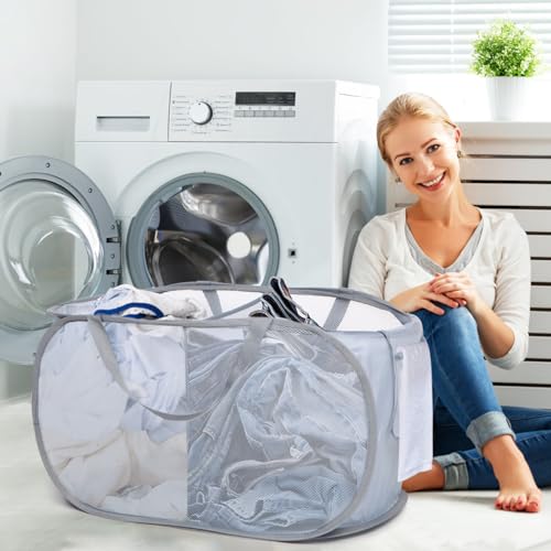 Image of Sturdy Collapsible Laundry Baskets, Foldable Pop Up Laundry Hamper, Durable 2 Compartments Laundry Basket, Handy Pocket & Easy to Sort Clothes Hampers for Laundry, Dorm, Kids Room, Travel Grey