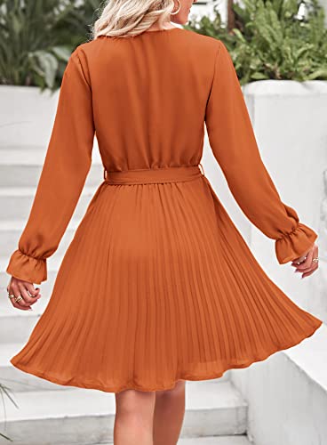 Prettygarden Women's Casual Spring Dresses Long Puff Sleeve V Neck Pleated Ruffle Flowy Belted Dress (Brick Red,Small) #TOP4