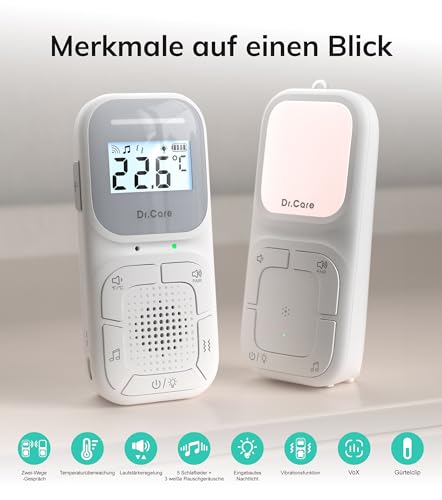 Dr.Care NeoGo Tragbares Audio-Babyphone und Soundmaschine | 300m Reichweite, Zwei-Wege-Kommunikation, VOX, Nachtlicht, 8 Schlaflieder, Vibrationsalarm, Ideal für Reisen und Geschenke